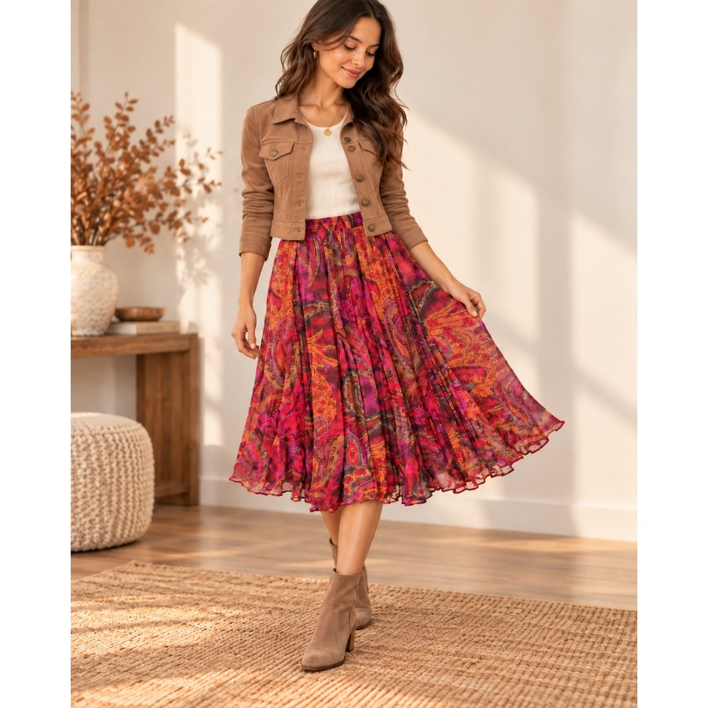 Coldwater Creek Pink Orange Paisley Pleated Midi Skirt PXS/4 Warm Colors Pull On